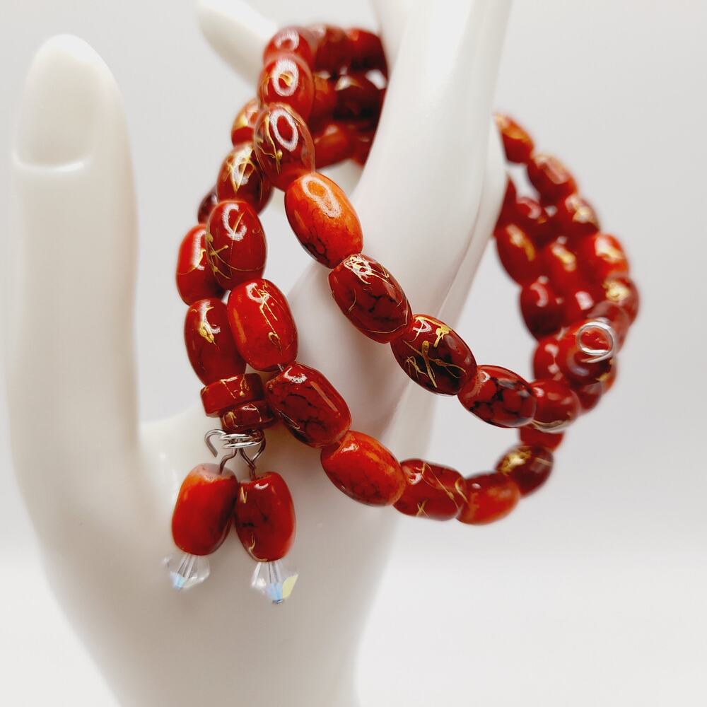 Vintage Asian Bead Memory Wire Bracelet Red Glass Gold Accents Handmade Jewelry